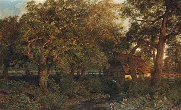 An Oak Forrest With A Watermill Oil Painting by Johann Valentin Ruths