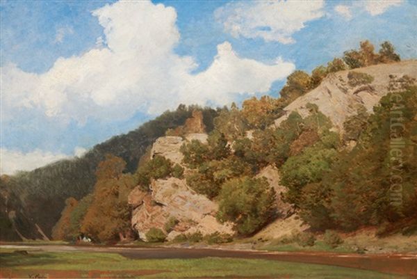 Rocky Hillside With A River Oil Painting by Johann Valentin Ruths