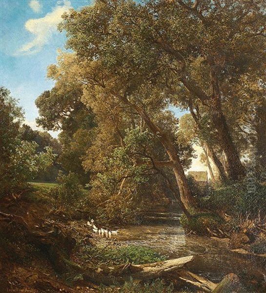 Landschaft Bei Friedrichsruh Mit Enten, Bach Und Ferner Muhle Oil Painting by Johann Valentin Ruths