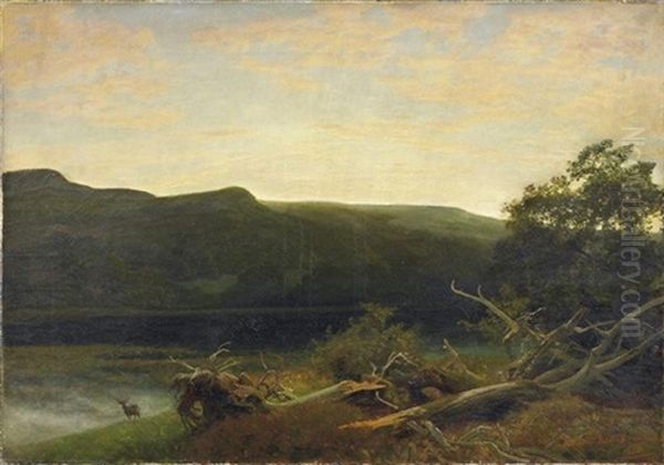 Der Waldsee. Blick Vom Ufer Auf Das Im Morgennebel Liegende Gewasser Bei Aufgehender Sonne Oil Painting by Johann Valentin Ruths