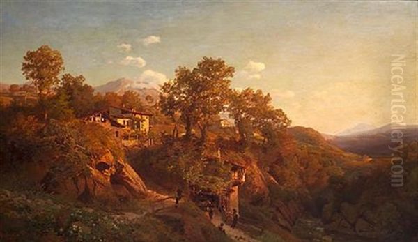 An Italianate Landscape With A Group Of Figures Outside A House In The Foreground Oil Painting by Johann Valentin Ruths