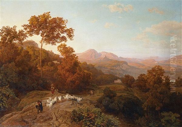 Abendlandschaft In Den Sabinerbergen Mit Einem Ziegenhirten Oil Painting by Johann Valentin Ruths