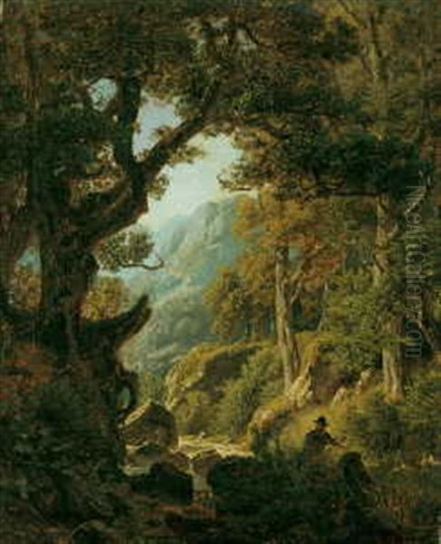 Gebirgsschlucht Mit Wanderer Oil Painting by Johann Valentin Ruths