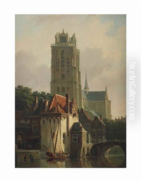 A View Of Dordrecht With The Grote Kerk Oil Painting by Johannes Rutten