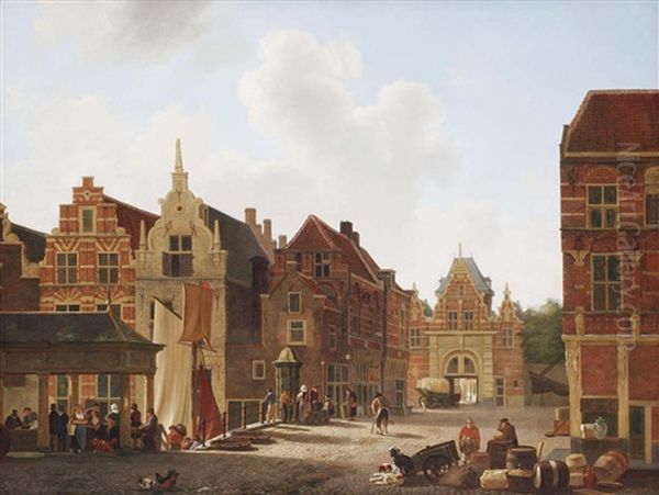 Market Day Near The Riedijkspoort, Dordrecht Oil Painting by Johannes Rutten