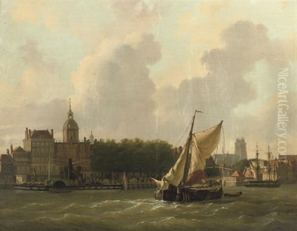 A View Of Hotel Bellevue In Dordrecht With The Grote Kerk Beyond Oil Painting by Johannes Rutten