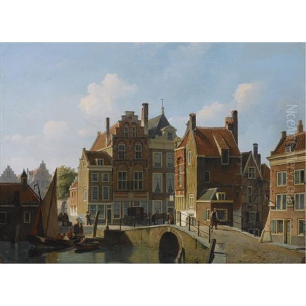 Figures In The Streets Of A Dutch Town (the Gaardbrug In Utrecht?) Oil Painting by Johannes Rutten