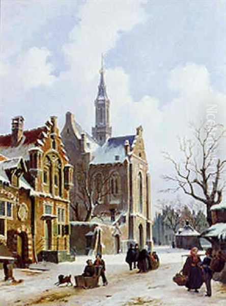 Winter: Townfolk Strolling Near A Church Oil Painting by Johannes Rutten