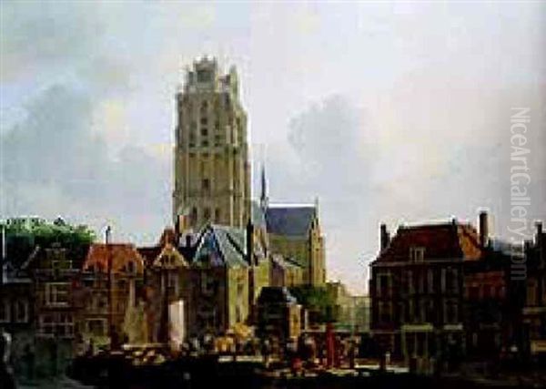 A View Of Dordrecht, With The Grote Kerk Oil Painting by Johannes Rutten