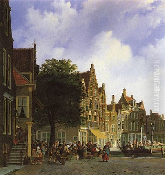 A View In A Town With Several Villagers By A Grocery Market And Workers Unloading A Cargo Boat Nearby Oil Painting by Johannes Rutten