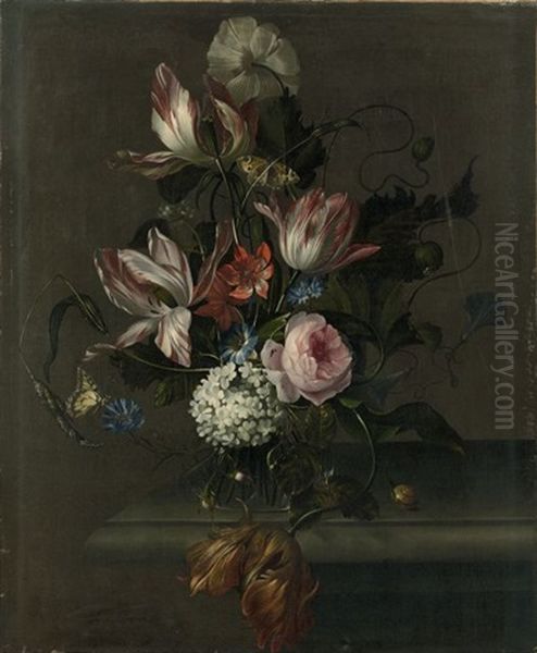 Bouquet De Fleurs Dans Un Vase En Verre Sur Une Table En Marbre Oil Painting by Anna Elisabeth Ruysch