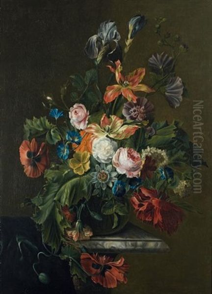 Bouquet De Fleurs Au Drape Sur Un Entablement De Marbre Oil Painting by Anna Elisabeth Ruysch