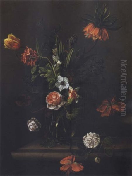 Still Life Of Flowers In A Glass Vase On A Ledge Oil Painting by Anna Elisabeth Ruysch