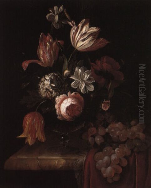 Tulips, Roses And Other Flowers With A Bunch Of Grapes On A Draped Ledge Oil Painting by Anna Elisabeth Ruysch