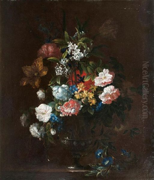 Peonies, Orange Blossom And Tulips In A Footed Vase On A Ledge Oil Painting by Rachel Ruysch