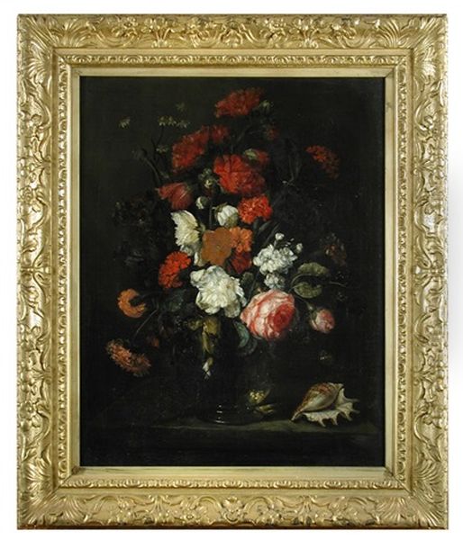 Still Life Of Summer Flowers Including Double Hollyhocks, Ranunculus, Marigolds, Roses, Stocks Poppies And Carnations In A Glass Vase On A Stone Ledge With A Shell Oil Painting by Rachel Ruysch