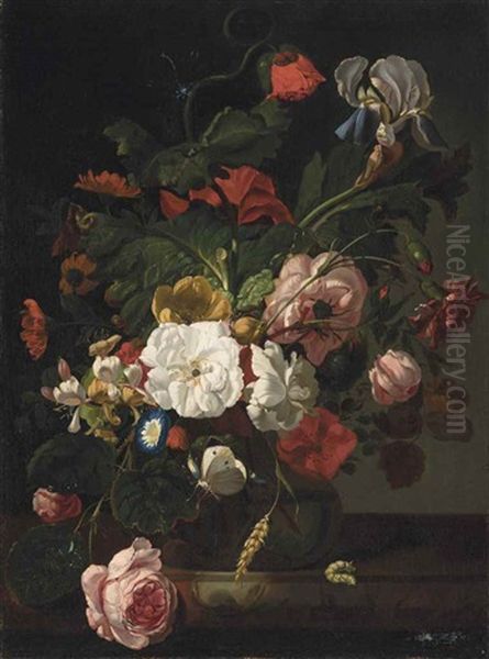 Roses, Carnations, Poppies, Morning Glories, And Other Flowers In A Glass Vase, On A Stone Ledge With A Worm Oil Painting by Rachel Ruysch