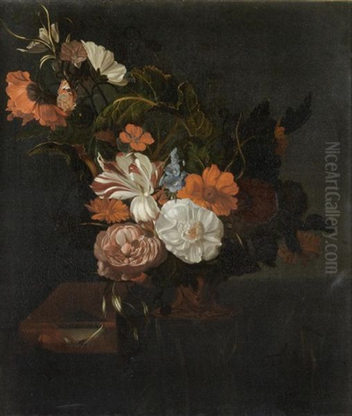 Roses, A Tulip, A Poppy, Nasturtiums, Marigolds And Other Flowers In As Vase, And A Butterfly On A Partly Draped Marble Ledge Oil Painting by Rachel Ruysch