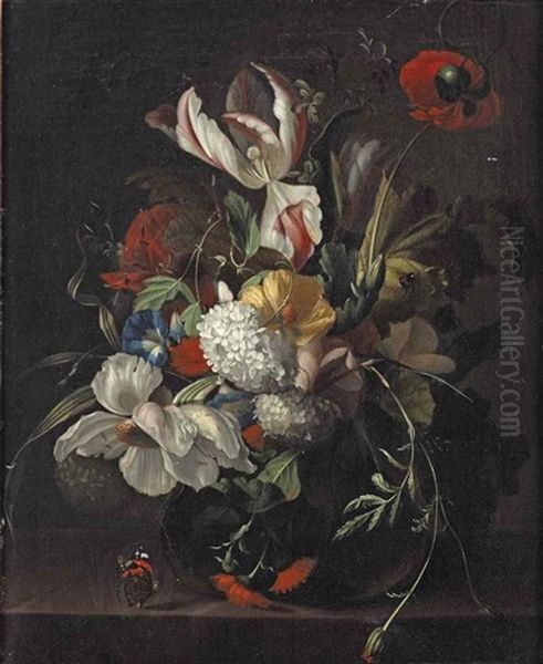 Iceland Poppies, A Tulip, Guelder Rose, Morning Glory And Gerbera In A Glass Vase, With A Butterfly On A Stone Ledge Oil Painting by Rachel Ruysch