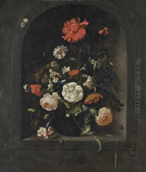 Roses, Carnations, Poppies, Lilies, Morning Glories, Daisies And Other Flowers In A Glass Vase, In A Niche With Butterflies And Snails Oil Painting by Rachel Ruysch