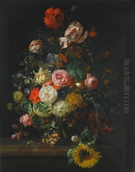 Still Life Of Roses, Tulips, A Sunflower And Other Flowers In A Glass Vase With A Bee, Butterfly And Other Insects Upon A Marble Ledge Oil Painting by Rachel Ruysch