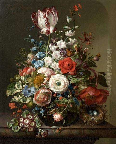 Vase De Fleurs Sur Un Entablement, Nid Et Insectes Oil Painting by Rachel Ruysch