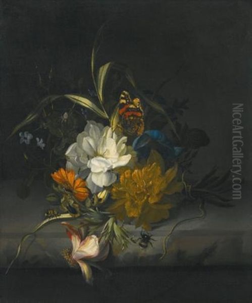 Still Life With Marigolds, Morning Glory, A Passion Flower And Other Assorted Flowers, Together With Insects On A Stone Ledge Oil Painting by Rachel Ruysch