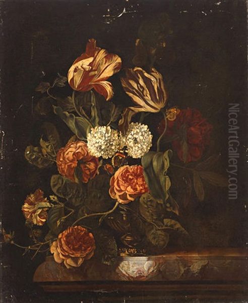 A Still Life With Tulips, Roses And Other Flowers In A Vase Resting On A Ledge Oil Painting by Rachel Ruysch