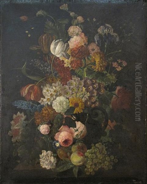 A Still Life With Flowers And Fruit (+ A Still Life With Flowers And A Bird's Nest; Pair) Oil Painting by Rachel Ruysch