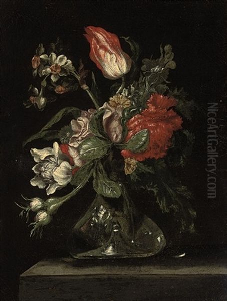 Parrot Tulips, Carnations, Narcissi And Other Flowers In A Glass Vase On A Ledge Oil Painting by Rachel Ruysch