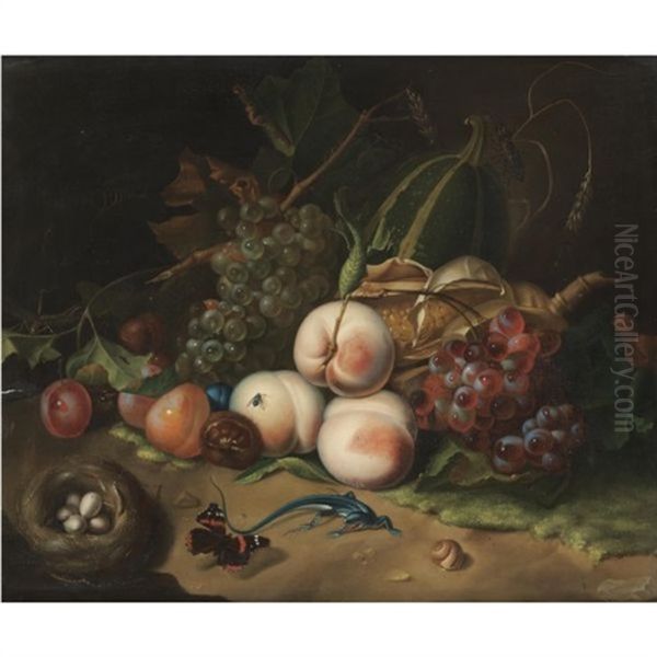 A Forest Floor Still Life With Horse Chestnuts, Peaches, Grapes, A Bird's Nest And A Lizard Oil Painting by Rachel Ruysch