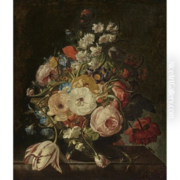 A Still Life Of Roses, A Tulip, Hyacinths, Morning Glories And Other Flowers In A Vase, Resting On A Stone Ledge Oil Painting by Rachel Ruysch