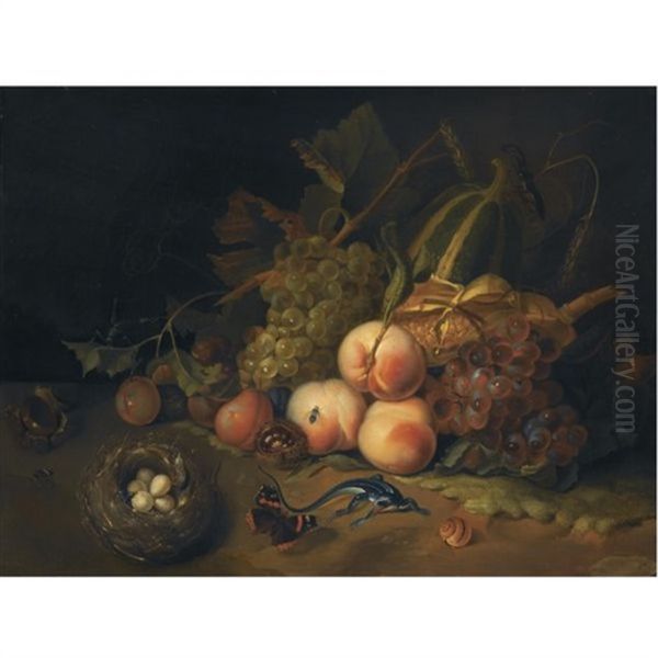 A Still Life Of Peaches, Blue And White Grapes, Prunes And Corn, Together With A Bird's Nest, A Butterfly, A Lizard And Other Insects Oil Painting by Rachel Ruysch