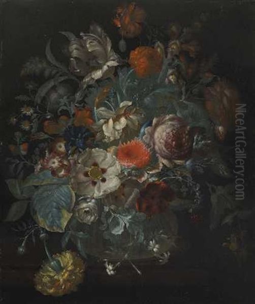 Stillleben Mit Blumen In Einer Glasvase (+ Another; 2 Works) Oil Painting by Rachel Ruysch