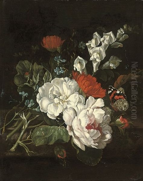 Roses, Marigolds And Snap Dragons On A Ledge With A Red Admiral Butterfly by Rachel Ruysch