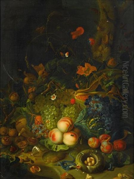 Still Life With Apples, Pears, Grapes, Corn, Pomegranates, A Bird's Nest With Eggs, Butterflies, A Lizard And Insects Oil Painting by Rachel Ruysch