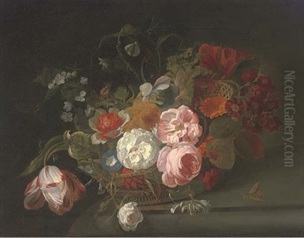 Roses, Morning Glory, A Parrot Tulip And Other Flowers In A Basket With Three Bees, Two Dragonflies, A Moth, A Caterpillar And A Grasshopper On A Ledge by Rachel Ruysch