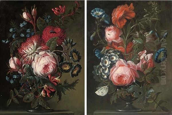 Roses, Forget-me-nots, Morning Glory And Other Flowers In A Glass Vase On A Stone Ledge (+ Roses, Morning Glory, Peonies And Other Flowers In A Glass Vase With A Butterfly On A Stone Ledge; Pair) Oil Painting by Rachel Ruysch