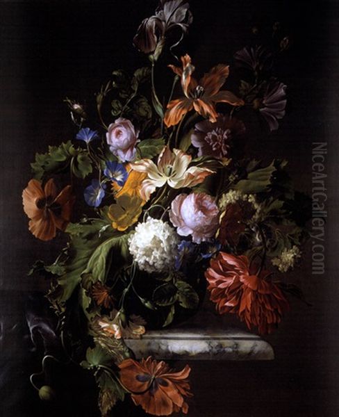 Blumen In Einer Vase Auf Enem Marmorsims Oil Painting by Rachel Ruysch