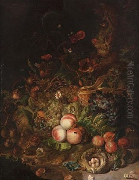 A Forest Floor Still Life With Grapes, Peaches, Plums And Other Fruit Along With Snails, A Lizard And Other Animals Oil Painting by Rachel Ruysch