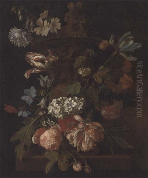 Roses, A Parrot Tulip, Morning Glory, Narcissi And Other Flowers With A Snail, Around A Stone Urn On A Ledge by Rachel Ruysch