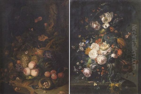 Tulips, Carnations, Roses, Peonies, Morning Glory And Other Flowers In A Glass Vase On A Ledge Oil Painting by Rachel Ruysch