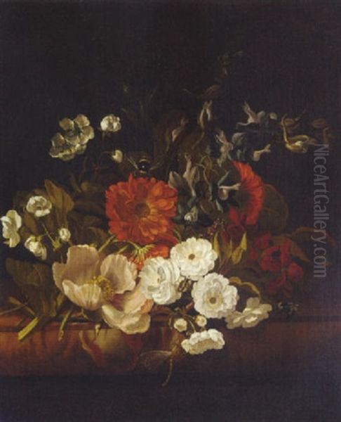 Flowers With Bees, A Beetle, A Caterpillar And A Dragonfly On A Ledge Oil Painting by Rachel Ruysch