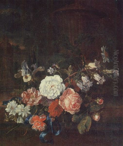 Roses, An Anemony, An Iris, Marygold And Other Flowers On A Stone Ledge By Sculpted Vase, A Classical Garden Beyond Oil Painting by Rachel Ruysch