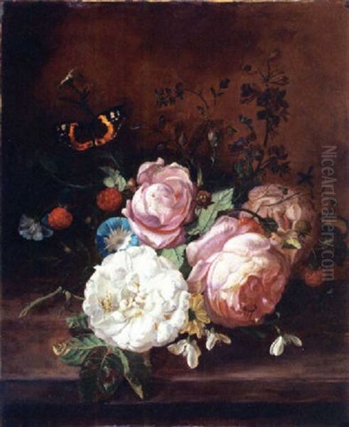 A Still Life With Roses, Morning Glory, Lily-of-the-valley, And Other Flowers, Together With Raspberries And A Butterfly On A Stone Ledge Oil Painting by Rachel Ruysch