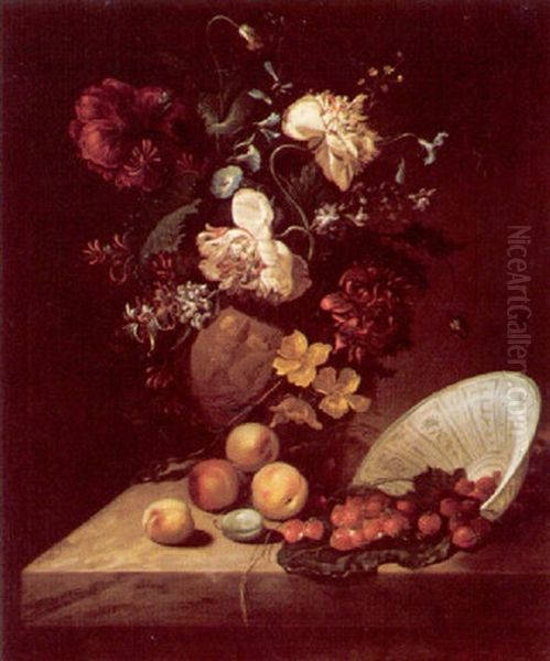 Still Life Of Flowers In A Sculpted Vase, Strawberries In An Upturned Porcelain Bowl, Peaches And A Plum, Upon A Marble Ledge Oil Painting by Rachel Ruysch