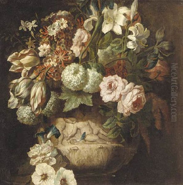 Roses, Tulips, Daffodils, Chrysanthemums, Morning Glory, Narcissi And Other Flowers In An Urn Decorated With Putti Oil Painting by Rachel Ruysch