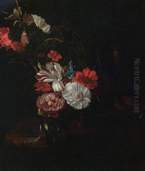 Roses, Tulips, A Poppy, Nasturtiums, Marigolds And Other Flowers In  A Vase, And A Tortoiseshell Butterfly Oil Painting by Rachel Ruysch