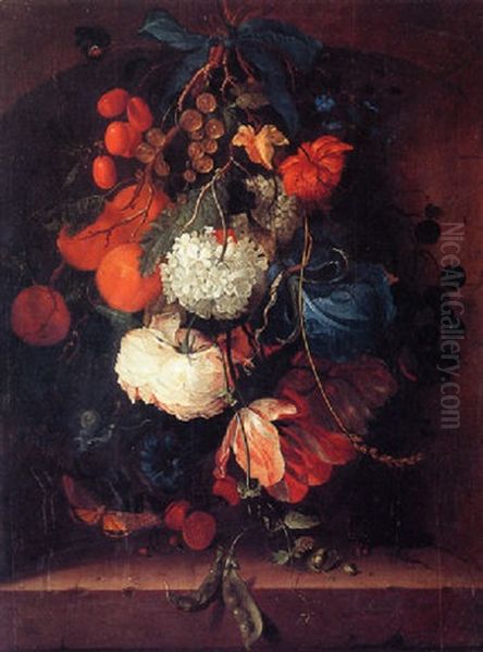 A Bunch Of Flowers Including Tulips, A Rose, And An Iris With Peaches, Gooseberries, Pea Pods And Other Fruit Oil Painting by Rachel Ruysch