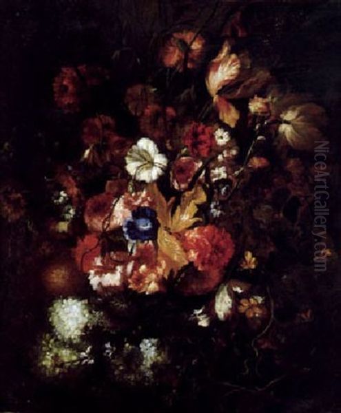 Ein Groser, Dekorativer Blumenstraus Von Rosen, Tulpen, Schneeballen, Wicken, Pfingstrosen Und Anderen Bluten Oil Painting by Rachel Ruysch